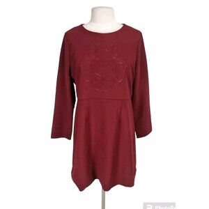 MUZE Women Knee Length Dress Size L Burgundy Crew Neck Long Sleeve 220P
